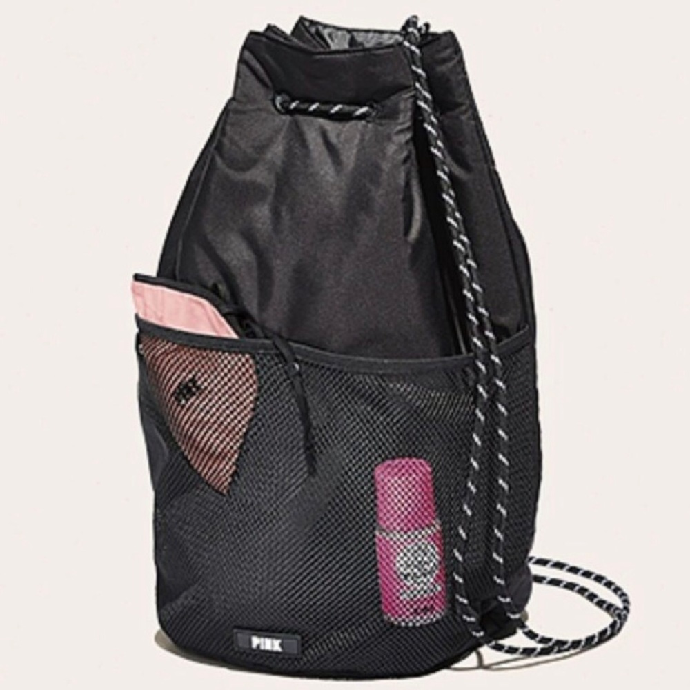 Victoria’s Secret PINK Drawstring Backpack Black Mesh Pockets Lightweight NWT